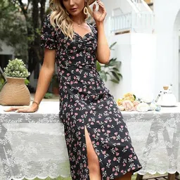 HERE&NOW Floral Print Flutter Sleeve A-Line Midi Dress-picture-9