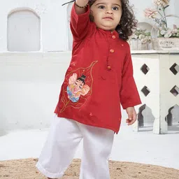 Vivedkids Boys Ethnic Motifs Embroidered Regular Thread Work Pure Cotton Kurta with Trousers-2