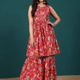 Varanga Women Floral Embroidered Regular Thread Work Pure Cotton Kurti with Sharara-picture-13