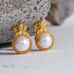 VIEN Stainless Steel Gold-Plated Pearls Beaded Contemporary Studs-image-36