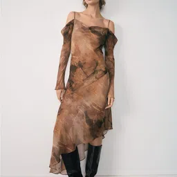 MANGO Printed Cold-Shoulder A-Line Midi Dress-32