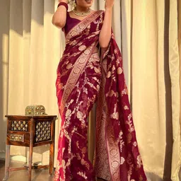 SHOP DROP Ethnic Motifs Zari Pure Chiffon Baluchari Saree-picture-43