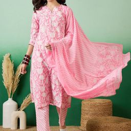 Sangria Women Floral Printed Kurta with Trousers & Dupatta Set-image-77