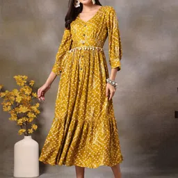 Zenava by Myntra V-Neck Cuffed Sleeves Fit & Flare Midi Dress-image-44