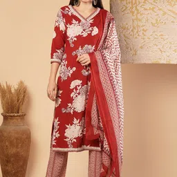 FASHOR Floral Printed V-Neck Pure Cotton Straight Kurta With Trousers & Dupatta-picture-35