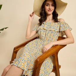 ANJIR Women Floral Printed Off-Shoulder Fit & Flare Dress-image-44