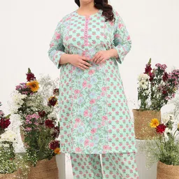 Tissu Plus Size Floral Printed Round Neck Pure Cotton Straight Kurta with Palazzos-12