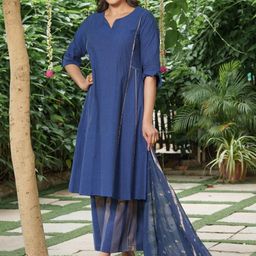 JITI Notch Neck Pure Cotton A-Line Kurta With Palazzos And Dupatta-image-62