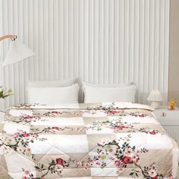Aura White & Beige Floral Printed Microfiber AC Room 300 GSM Double Bed Comforter-image-89