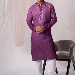 5 Stitch Ethnic Motifs Embroidered Sequinned Band Collar Straight Kurta With Pyjamas-image-71