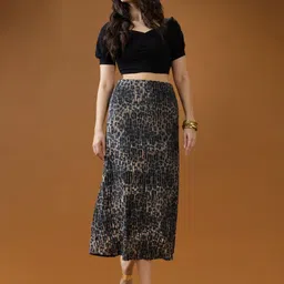 Globus Pleated Leopard Print Shimmer Detailing Mid-Rise A-Line Midi Skirt-image-88