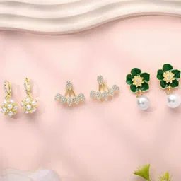 Estailo fashion Set Of 3 Gold-Plated Stones Studded & Beaded Floral Drop Earrings-picture-24