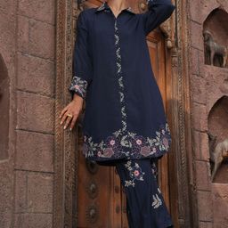 ANUSHEET Floral Embroidered Shirt Collar Tunic With Trousers-image-19