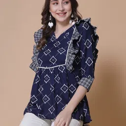 God Bless Geometric Printed Ruffles Peplum Top-image-104