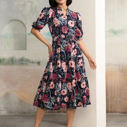 DressBerry Women Floral Printed Puff Sleeve Tiered Fit & Flare Midi Dress-image-94