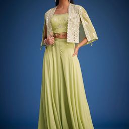 KALKI Fashion Embroidered Crop Top With Cape & Palazzos Co-Ords Set-image-44