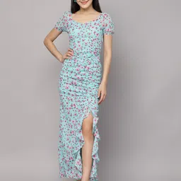 BAESD Women Floral Print Bodycon Maxi Dress With Slit Details-image-20
