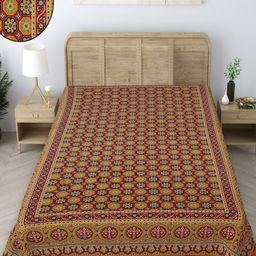 Texstylers Gold-Toned & Maroon Floral 140 TC Single Bedsheet with Pillow Covers-picture-39