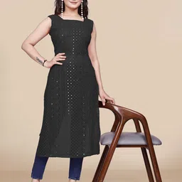 PARROT CREATION Ethnic Motifs Embroidered Square Neck Chikankari Georgette Kurta-34