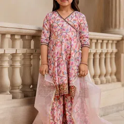 Sangria Girls Festive Printed Angrakha Muslin Kurta & Sharara With Dupatta-image-25