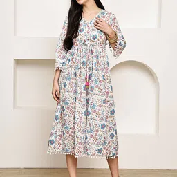 Merira Floral Printed Tie-Ups Detail Pure Cotton Fit & Flare Dress-picture-10
