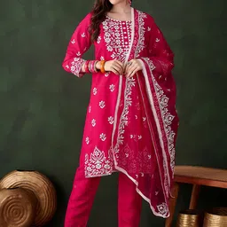 Sangria Pink Floral Embroidered Thread Work Pure Cotton Kurta & Trousers & Dupatta-picture-15