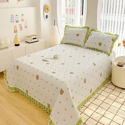 JC HOME Yellow & White Printed Cotton Double Super King Bed & Pillow Cover-image-62