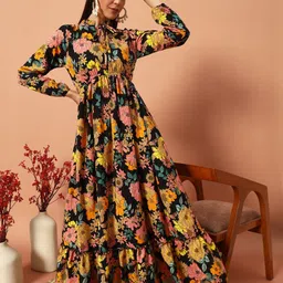 ZWERLON Floral Print Tie-Up Neck A-Line Maxi Dress-image-62