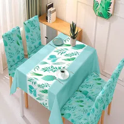 HOKIPO Blue & White 5 Pieces Stretchable Dining Chair Cover With Matching Tablecloth-image-69