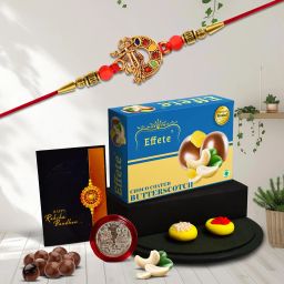 Designer Rakhi Combo Gift Set for Brother |Butterscotch 32Gm|Chocolate|Y22K1_357_BS32 Pearl Rakhi, Chawal Roli Pack, Greeting Card, Coins Set-image-57