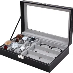 ®6 Watch Box and 3 Sunglasses Holder Organizer Box with Glass Top Lock & Key Watch Box-image-80