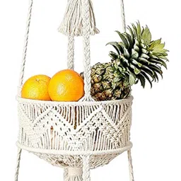 Macrame Handcrafted Natural Cotton Made Wall Hanging Fruit Hanger Storage Organiser 3 Tier Hanging Fruit Basket 46 Inch Long Cotton Fruit & Vegetable Basket-image-48