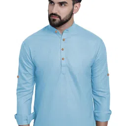 APEKTRA Band Collar Roll-Up Sleeves Slim Fit Short Kurta-picture-12