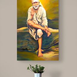 Tushaco Handicrafts Yellow & Green Lord Sai Baba Printed Canvas Wall Art-image-24