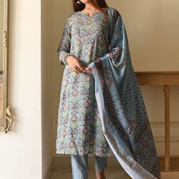 DIVASTRI Floral Printed Stones Work Straight Kurta With Trousers & Dupatta-picture-0