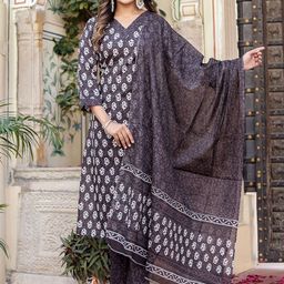 Moda Rapido Floral Printed V Neck Pure Cotton Kurta With Trousers & Dupatta-25