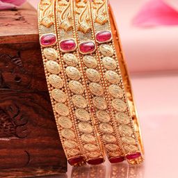 Rubans Set of 4 22K Gold-Plated Ruby Pink Stone Studded Filigree Traditional Bangles-7