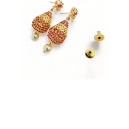 Opal Touch Gold-Plated Artificial Stones Studded & Beaded Teardrop Shaped Drop Earrings image 3