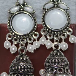 Jolly Faces Elegant Artificial Stones Studded And Beaded Dome Shaped Oxidised Jhumkas-49
