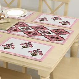Gulaab Jaipur 7Pcs White & Pink Printed Rectangular Table Linen Sets image 2