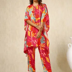 Soch Pink Floral Printed Mandarin Collar Three-Quarter Sleeves Top With Palazzo-picture-24
