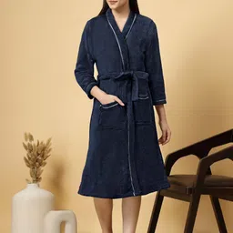 FABINALIV Navy Blue Cotton Bath Robe With Belt-11