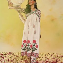 Indo Era Women Ethnic Motifs Printed Empire Mirror Work Pure Cotton Kurta with Trousers & With Dupatta-image-100