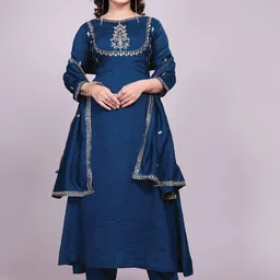 BLENDIFY Floral Yoke Design Zari A-Line Kurta With Trousers And Dupatta-picture-15