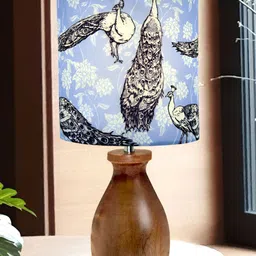 Homesake Blue Printed Wood Traditional Cylindrical Shaped Table Lamp with Bulb-32