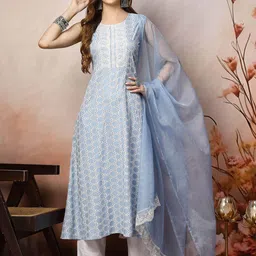 Stylum Women Geometric Printed Thread Work Lace Frills Bows and Ruffles Kurta-13