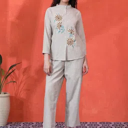 Sangria Floral Embroidered Band Collar Pure Cotton Shirt With Trouser-image-72