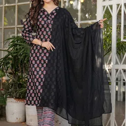 KALINI Floral Printed Pure Cotton Straight Kurta With Trouser And Dupatta-image-98