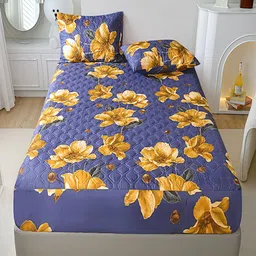 JC HOME Blue & Yellow Floral 150 TC Single Bedsheet with 1 Pillow Covers-image-89