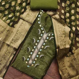 SHADOW & SAINING Embroidered Sequnnied Pure Silk Semi-Stitched Dress Material-image-93